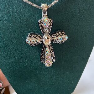 New Silver Cross Pendant necklace with Colorful AB Gemstones